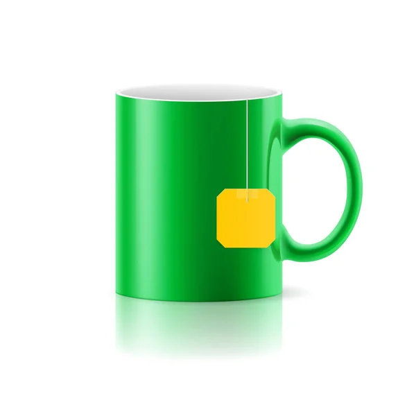 Zöld Csésze Tea Zsák Címke Álló Fehér Háttér — Stock Vector
