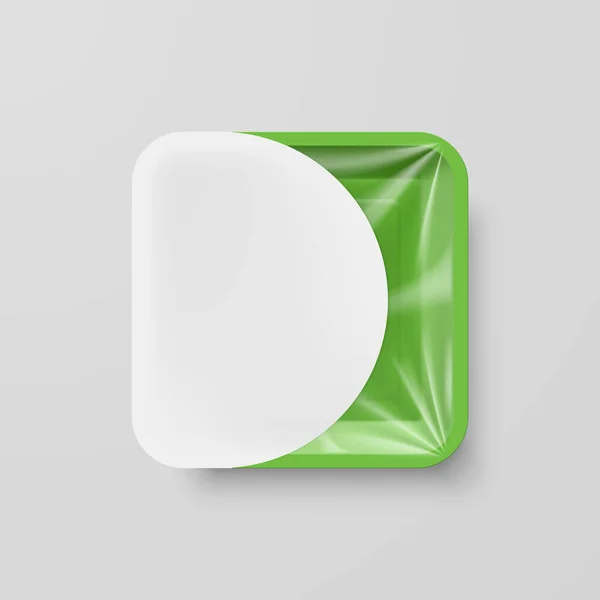 グレーの上に白いラベルを持つ空の緑のプラスチック食品スクエアコンテナ — ストックベクタ