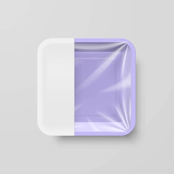 Contenedor Cuadrado Plástico Púrpura Vacío Con Etiqueta Blanca — Archivo Imágenes Vectoriales