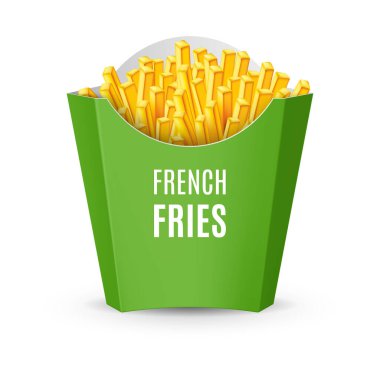 Büyük yeşil paket ve patates kızartması. Fast Food Simgesi Beyazın Üzerinde