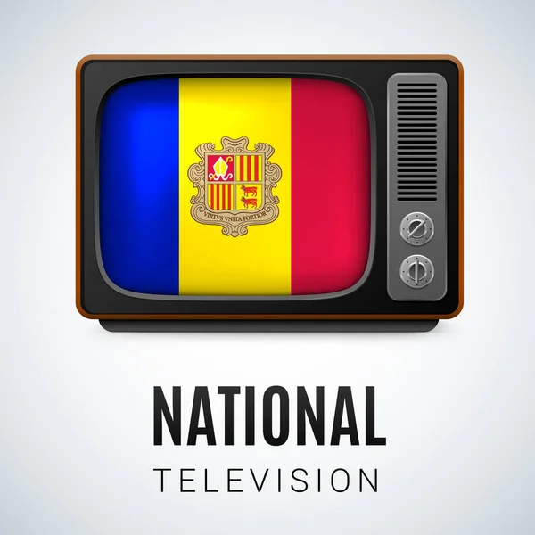 古董电视和安道尔国旗作为象征国家电视台 带有安道尔国旗的纽扣 — 图库矢量图片