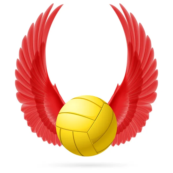 Ballon Volley Réaliste Avec Emblème Des Ailes Rouges Levées — Image vectorielle