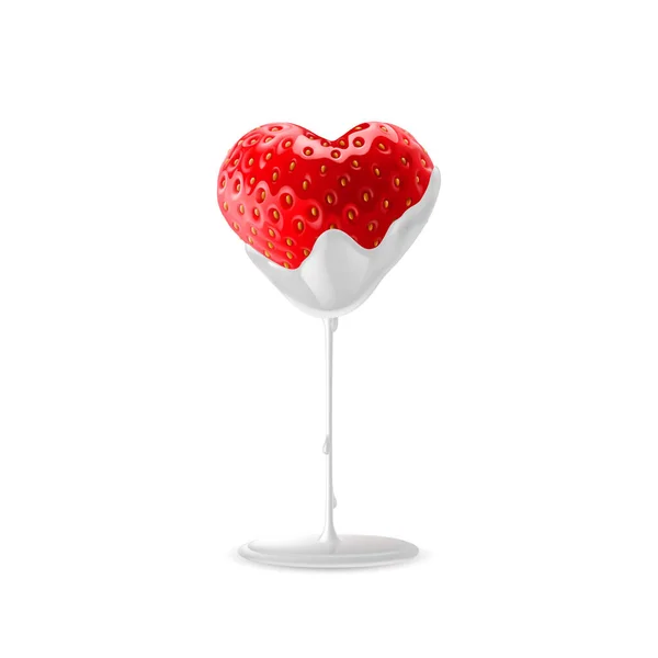 Ripe Strawberries Heart Shape Sour Cream — Stock Vector