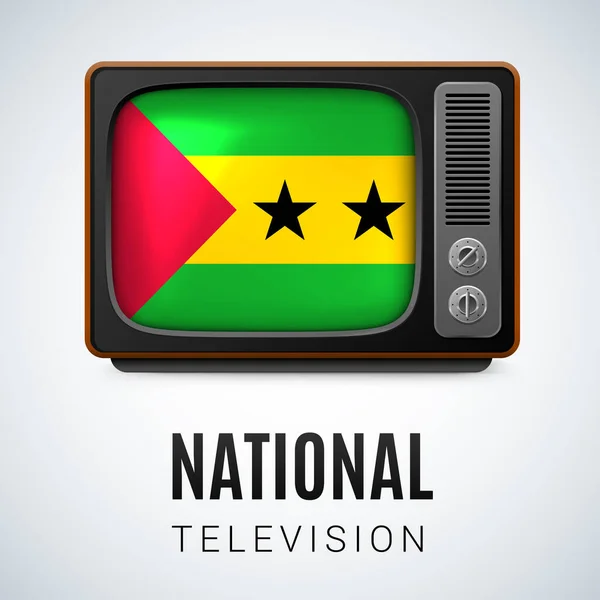 复古电视和圣多美和普林西比国旗作为象征国家电视台 带有旗子设计的按钮 — 图库矢量图片