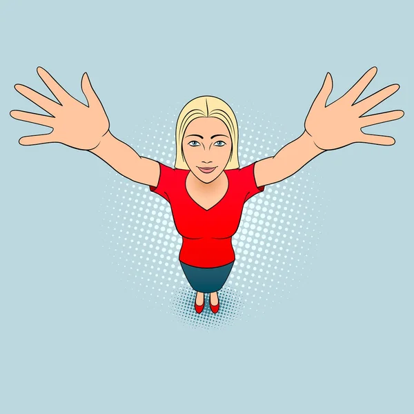 Cartoon Illustration Young Woman Opens His Arms Inglés Reunión Concepto — Vector de stock