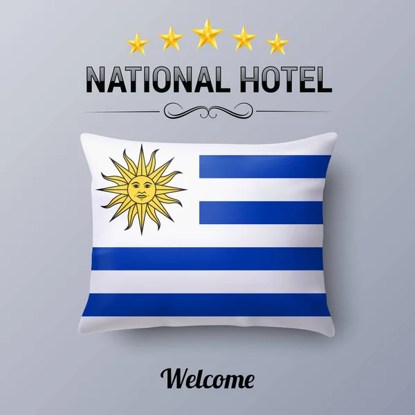 シンボルナショナルホテルとしてウルグアイの現実的な枕と旗 旗枕カバー付きウルグアイ国旗 — ストックベクタ