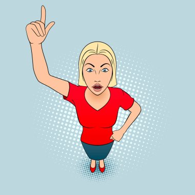 Parmağını havaya kaldıran genç bir kadının tasviri