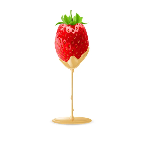 Fraise Fraîche Trempée Dans Une Fondue Chocolat Blanc Illustration Pour — Image vectorielle