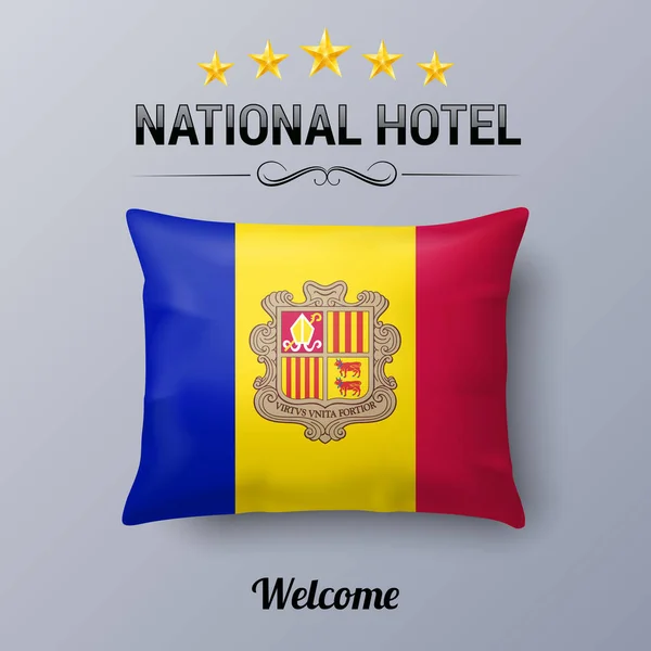 シンボルナショナルホテルとしてのアンドラの現実的な枕と旗 アンドラン旗と旗枕カバー — ストックベクタ
