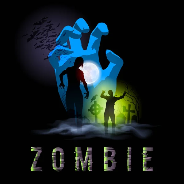 Zombie Walking Silhouettes Out Grave Illustration Halloween Poster — Stock Vector