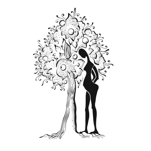 Black White Apple Tree Woman Zentangle 스타일 Coloring Book 수있다 — 스톡 벡터