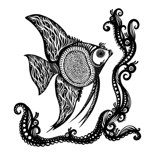 ファンタジーハンドドロー魚をかわいい 大人の抗ストレスぬりえページ タトゥー ポスター プリント用スケッチ — ストックベクタ