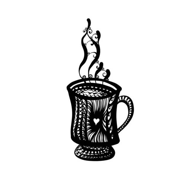 Kopje Thee Koffie Met Decoratieve Design Elementen Witte Achtergrond — Stockvector