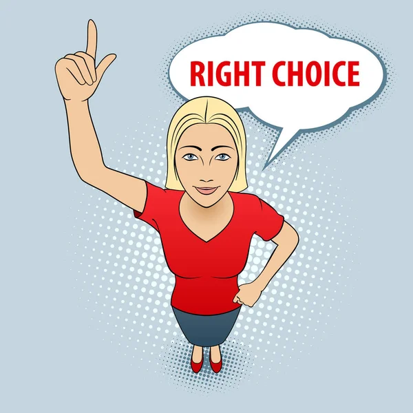 赤いブラウスの若い女性の漫画のイラスト彼女の指を指しています 正しい選択 — ストックベクタ