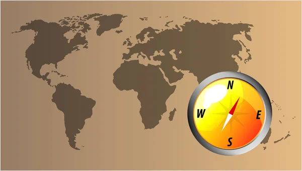 Brújula vectorial con mapa del mundo — Vector de stock