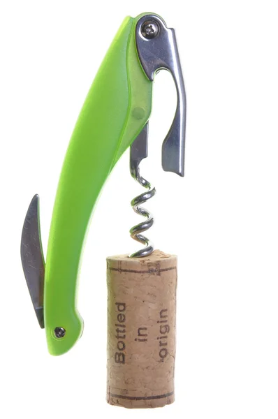 Corkscrew with cork from a bottle of wine — Stock Photo, Image