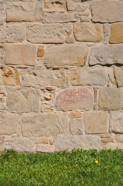 Mur de grès de pierre et herbe verte — Photo