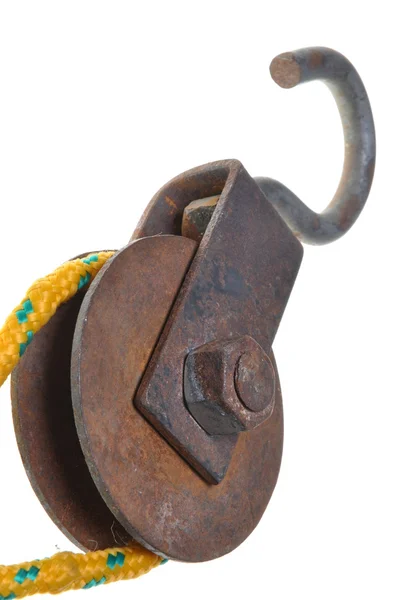 Old rusty pulley with rope — Stock Photo, Image