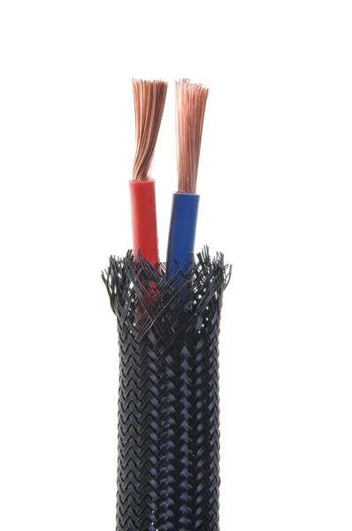 Flexible protective tube with red and blue wires — Stock Photo, Image