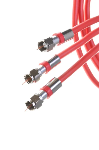 Bando de cabos coaxiais vermelhos com conectores — Fotografia de Stock