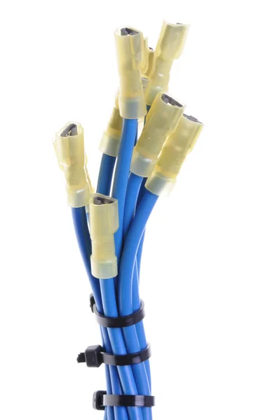 Blaue elektrische Leitungen mit Klemmen — Stockfoto