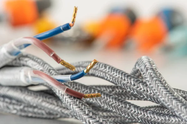 Braided Textile Electrical Cable Colorful Blurred Background — Stock Photo, Image