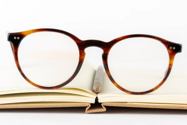 Pencil Reading Glasses Lined Blank Notebook — Stock Photo, Image