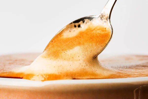 Macro View Cup Latte Coffee Spoon Foam — Φωτογραφία Αρχείου