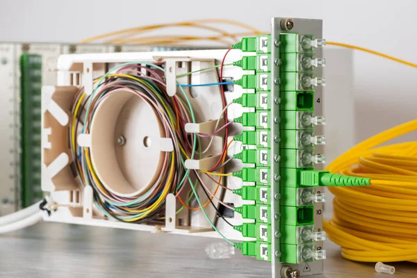 通信系统光分配框架中的光纤连接 调料盘 — 图库照片
