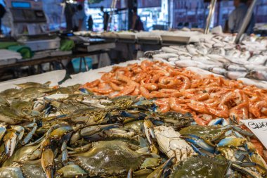Crab shrimp and fish on market in Venice Italy