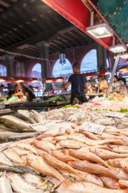 Stand with fresh fish on venetian Rialto market, Venice, Italy 