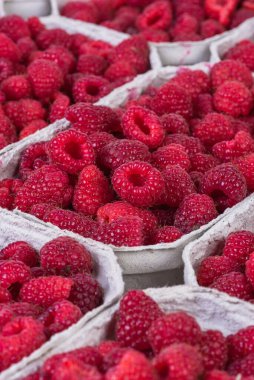 Yiyecek pazarında karton kutuda ahududu.