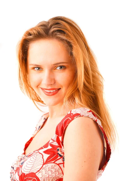 Beautiful young woman in summer dress on white — Stock Photo, Image