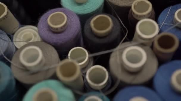 Rows Spools Thread Different Colors Box Studio — Stock Video