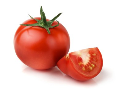 Red tomato vegetable with cut isolated on white background