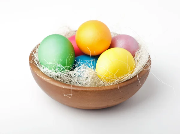 Colorful painted easter eggs in bowl — Stock Photo, Image