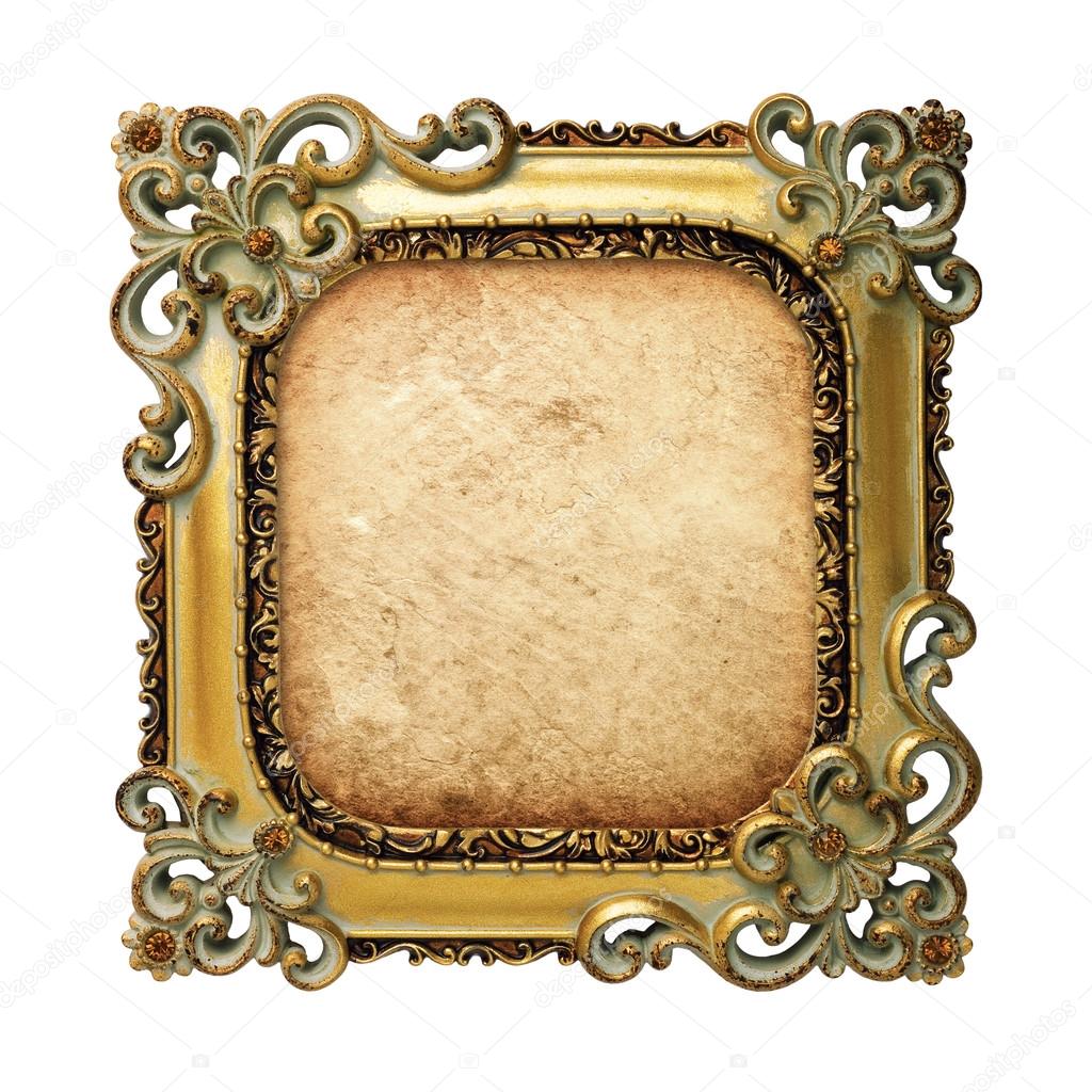 Old antique gold frame with old paper over white background