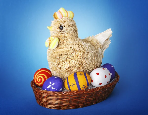 Handmade chicken wiht Easter eggs — Stock Photo, Image