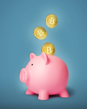 Bitcoin, mavi arka planda bir kumbaranın yanında. Yol ile.