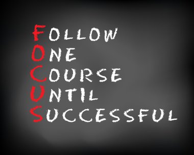 Conceptual FOCUS acronym written on black chalkboard blackboard. follow One Course Until Successful. Slide template. clipart