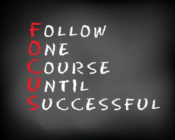 Conceptual FOCUS acronym written on black chalkboard blackboard. follow One Course Until Successful. Slide template. — Stock Photo, Image