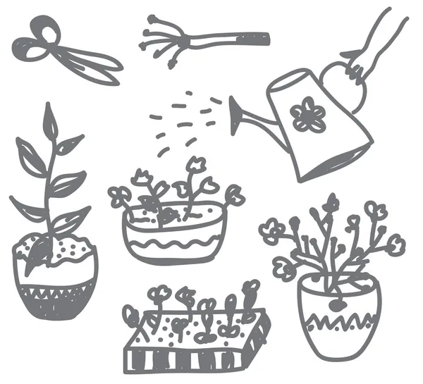 Fleurs jardinage doodle avec des pots — Image vectorielle