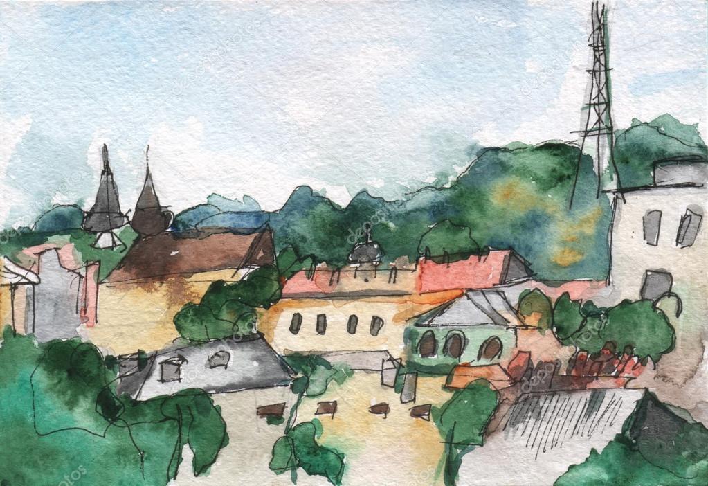 Watercolor of the city landscape view