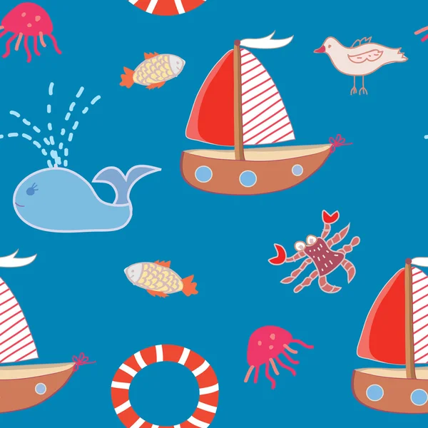 Бесшовный рисунок с лодками и морскими животными — стоковый вектор