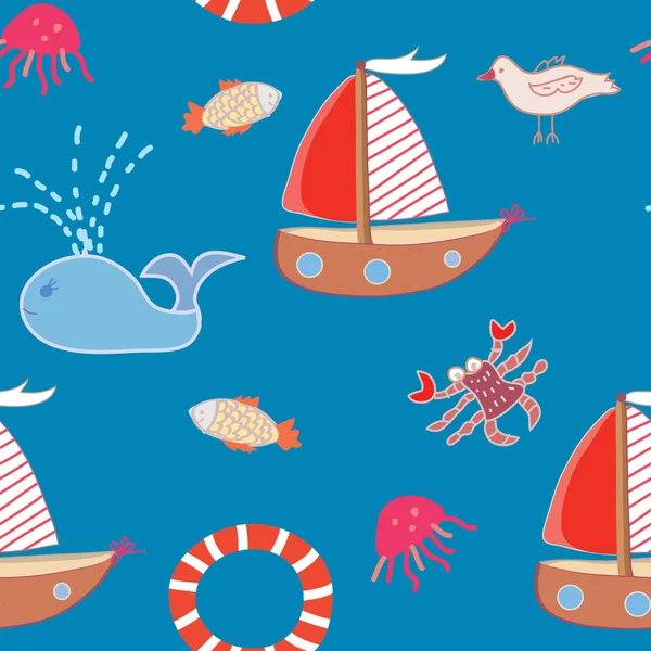 Seamless pattern with boats and sea animals