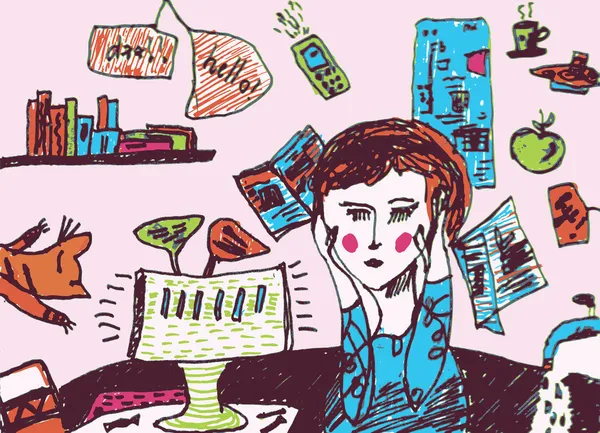 Mädchen ist sehr beschäftigt und erschöpft Cartoon — Stockillustration Mädchen ist sehr beschäftigt und erschöpft — Stockvektor