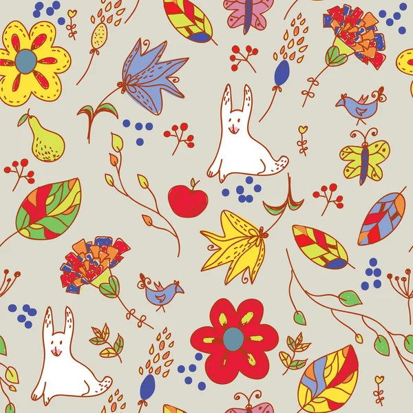 Floral retro seamless pattern with hare — Stock Vector