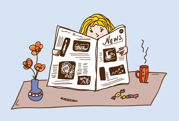 Çay masasında gazete okuyan kız — Stok Vektör