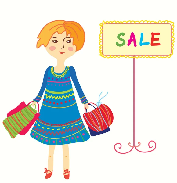 Chica con bolsas de compras — Vector de stock