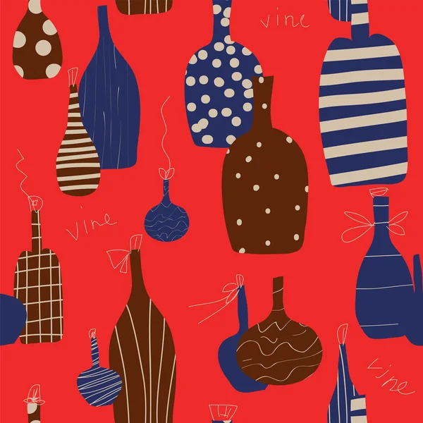 Botella de vino diseño divertido sin costuras — Vector de stock